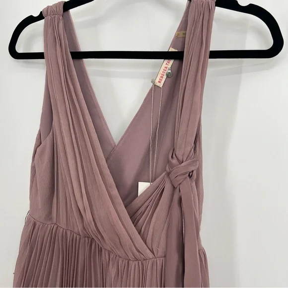 NWT Rebecca Taylor V-Neck Pleated Minj Dress Wedding Rose Chiffon Tie Waist 6 - Picture 4 of 6